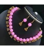 Pink pearl Yellow Gold Brass Necklace & Pair of Earring