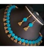 Turquoise pearl Yellow Gold Brass Necklace & Pair of Earring