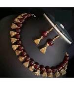 Maroon pearl Yellow Gold Brass Necklace & Pair of Earring