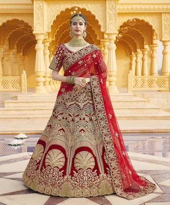Mesmerizing Red Heavy Hand Work & Embroidered Velvet wedding Lehenga choli 1