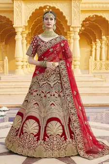 Stunning Red Heavy Hand Work & Embroidered Velvet Bridal Lehenga