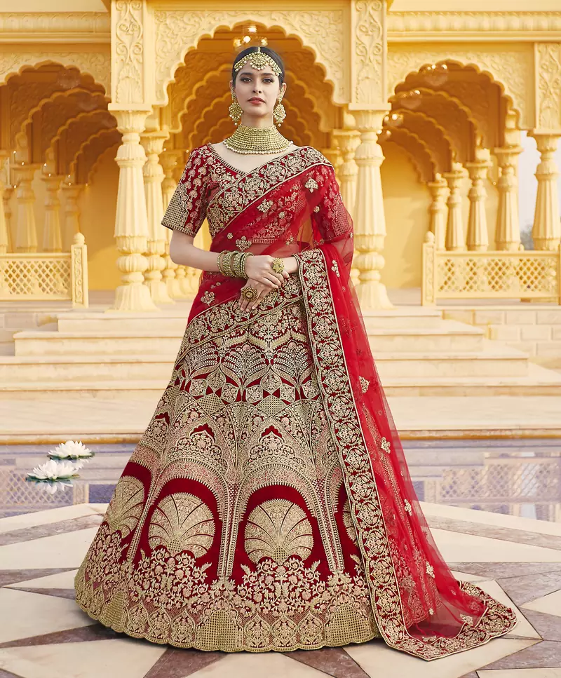 Stunning Red Heavy Hand Work & Embroidered Velvet Bridal Lehenga