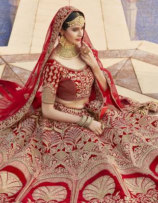 Mesmerizing Red Heavy Hand Work & Embroidered Velvet wedding Lehenga choli 2