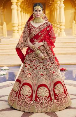 Mesmerizing Red Heavy Hand Work & Embroidered Velvet wedding Lehenga choli 4