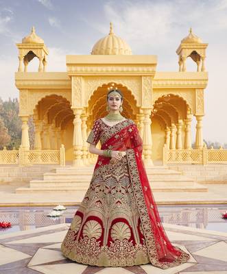 Mesmerizing Red Heavy Hand Work & Embroidered Velvet wedding Lehenga choli 5