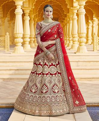 Mesmerizing Red Heavy Hand Work & Embroidered Velvet wedding Lehenga choli 1