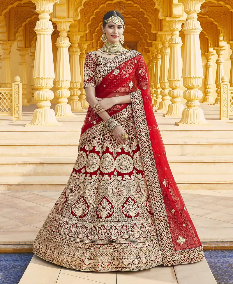 Stunning Red Heavy Hand Work & Embroidered Velvet Bridal Lehenga