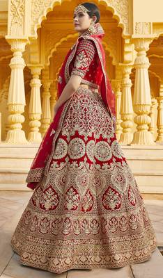 Mesmerizing Red Heavy Hand Work & Embroidered Velvet wedding Lehenga choli 3