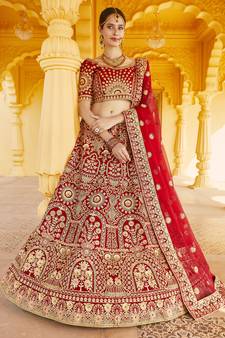 Stunning Red Heavy Hand Work & Embroidered Velvet Bridal Lehenga