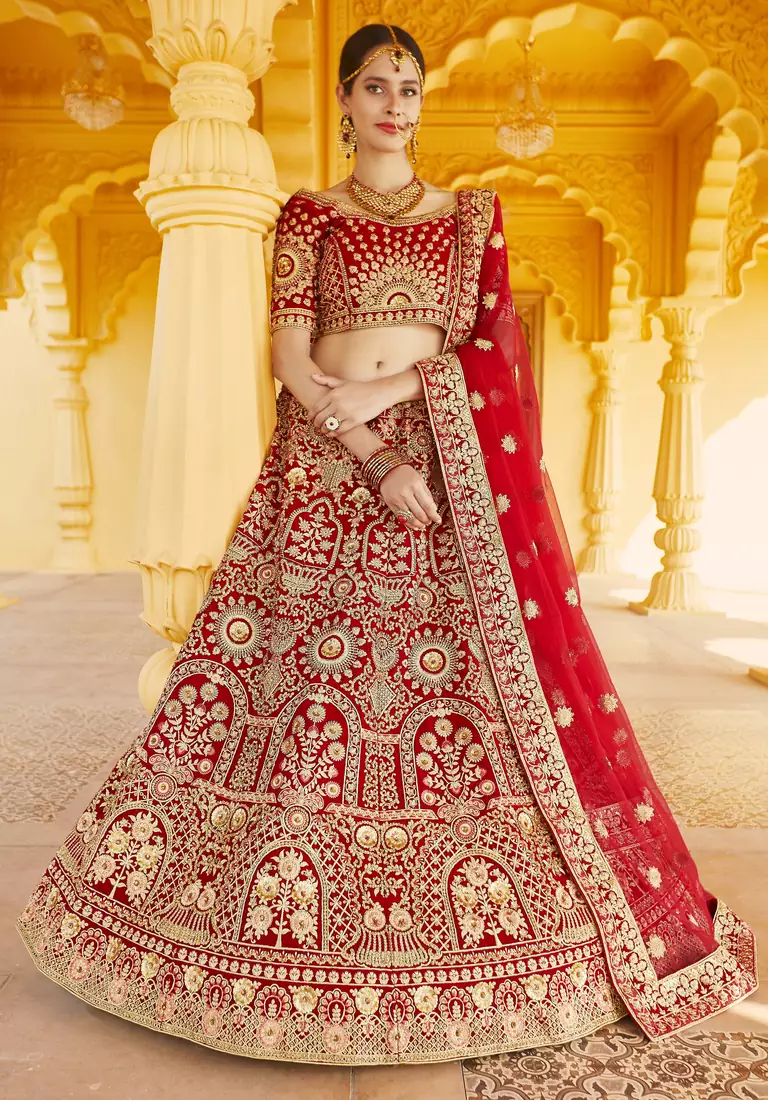 Stunning Red Heavy Hand Work & Embroidered Velvet Bridal Lehenga