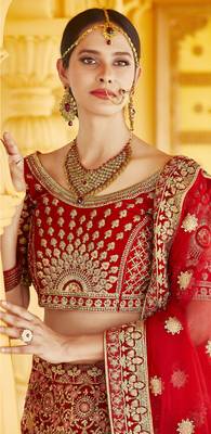 Mesmerizing Red Heavy Hand Work & Embroidered Velvet wedding Lehenga choli 3