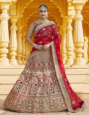 Mesmerizing Red Heavy Hand Work & Embroidered Velvet wedding Lehenga choli 1