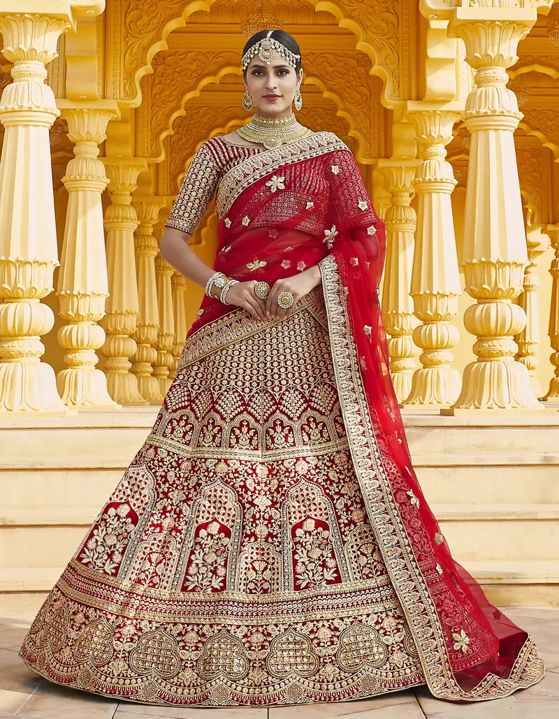 Stunning Red Heavy Hand Work & Embroidered Velvet Bridal Lehenga