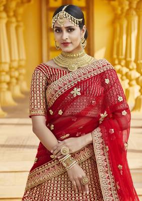 Mesmerizing Red Heavy Hand Work & Embroidered Velvet wedding Lehenga choli 2