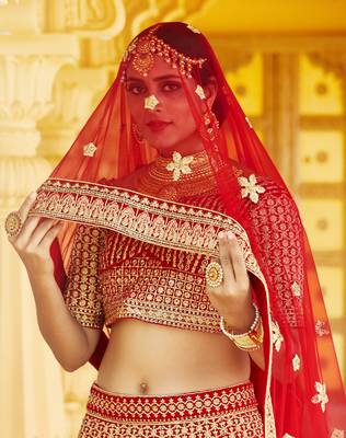 Mesmerizing Red Heavy Hand Work & Embroidered Velvet wedding Lehenga choli 3