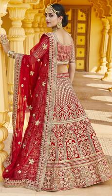 Mesmerizing Red Heavy Hand Work & Embroidered Velvet wedding Lehenga choli 4