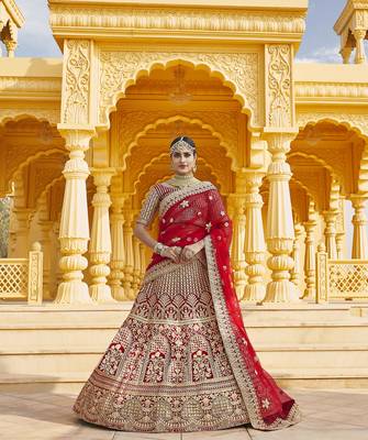 Mesmerizing Red Heavy Hand Work & Embroidered Velvet wedding Lehenga choli 5