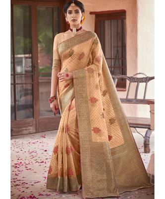 Peach Woven Party Wear Cotton Silk Sarees 1
