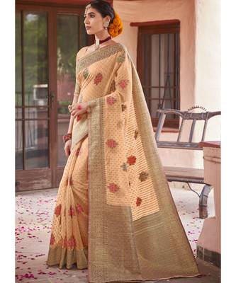 Peach Woven Party Wear Cotton Silk Sarees 2