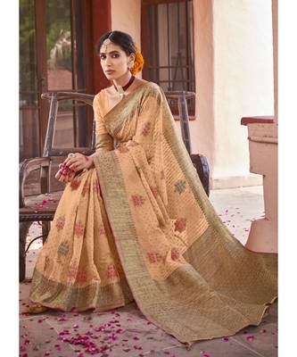 Peach Woven Party Wear Cotton Silk Sarees 3