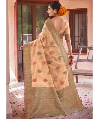 Peach Woven Party Wear Cotton Silk Sarees 4