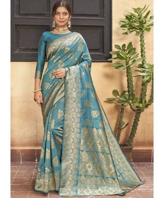 Turquoise Woven Party Wear Art Silk Sarees 1
