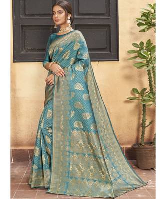 Turquoise Woven Party Wear Art Silk Sarees 2