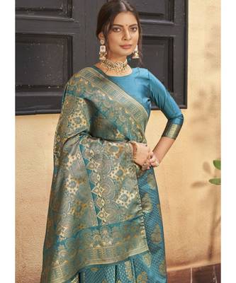 Turquoise Woven Party Wear Art Silk Sarees 3