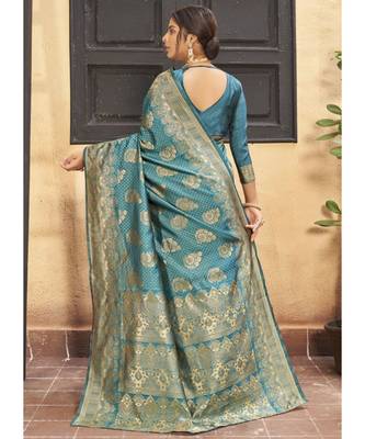 Turquoise Woven Party Wear Art Silk Sarees 4