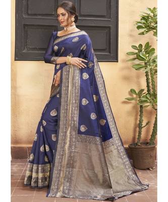 Navy Blue Woven Party Wear Art Silk Sarees 2