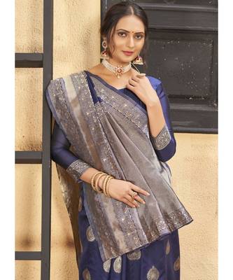 Navy Blue Woven Party Wear Art Silk Sarees 3