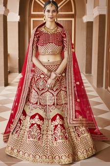 Stunning Red Heavy Hand Work & Embroidered Velvet Bridal Lehenga