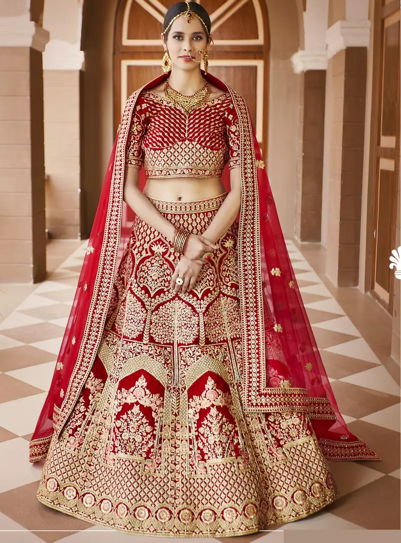 Stunning Red Heavy Hand Work & Embroidered Velvet Bridal Lehenga