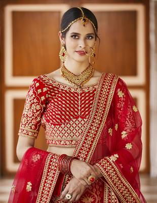 Mesmerizing Red Heavy Hand Work & Embroidered Velvet wedding Lehenga choli 2