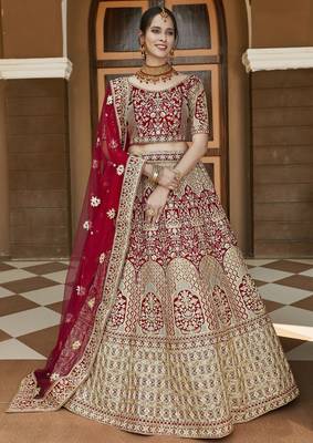 Mesmerizing Red Heavy Hand Work & Embroidered Velvet wedding Lehenga choli 1