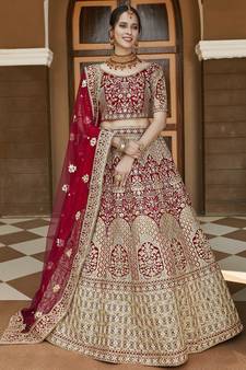 Stunning Red Heavy Hand Work & Embroidered Velvet Bridal Lehenga
