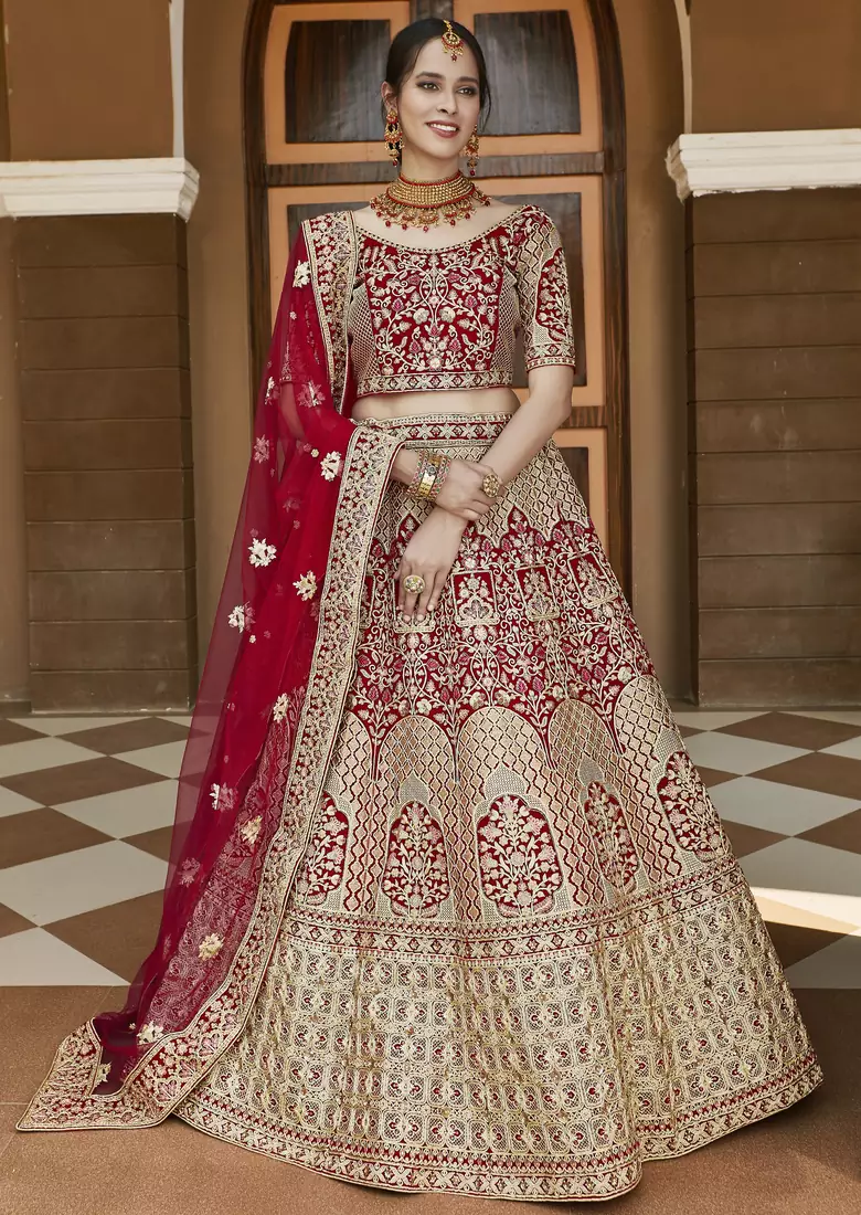 Stunning Red Heavy Hand Work & Embroidered Velvet Bridal Lehenga