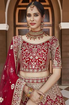 Mesmerizing Red Heavy Hand Work & Embroidered Velvet wedding Lehenga choli 2