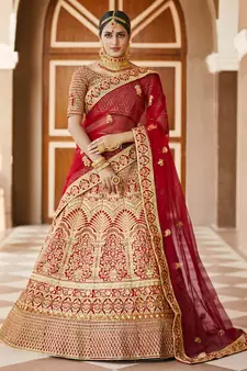 Stunning Red Heavy Hand Work & Embroidered Velvet Bridal Lehenga