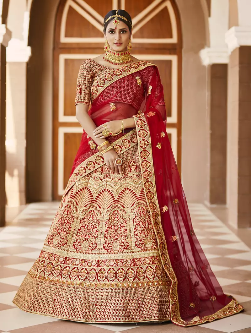 Stunning Red Heavy Hand Work & Embroidered Velvet Bridal Lehenga