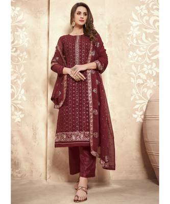Maroon Georgette resham embroidery full sleeve TOP & BOTTOM WITH DUPATTA 1