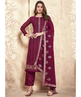 Wine Georgette resham embroidery full sleeve TOP & BOTTOM WITH DUPATTA 1