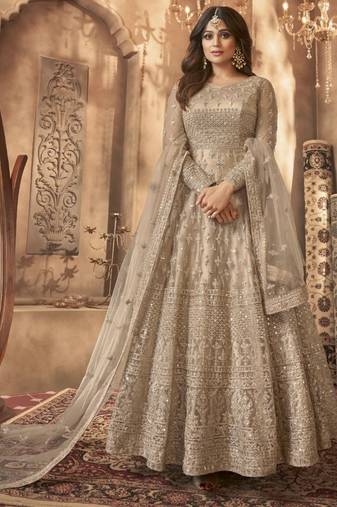  Shamita Shetty Beige Anarkali suit Semi stiched