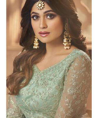  Shamita Shetty turquoise Net resham embroidery full sleeve TOP & BOTTOM WITH DUPATTA 2