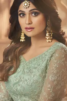  Shamita Shetty turquoise Net resham embroidery full sleeve TOP & BOTTOM WITH DUPATTA
