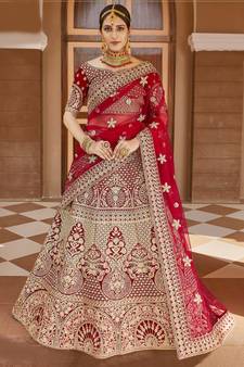 Stunning Red Heavy Hand Work & Embroidered Velvet Bridal Lehenga
