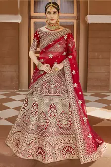 Stunning Red Heavy Hand Work & Embroidered Velvet Bridal Lehenga