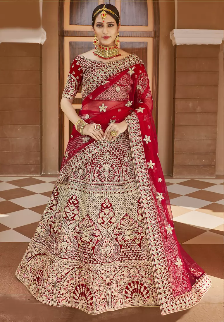 Stunning Red Heavy Hand Work & Embroidered Velvet Bridal Lehenga