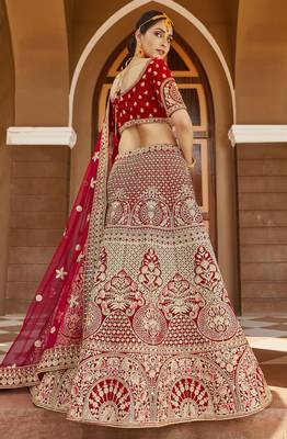 Mesmerizing Red Heavy Hand Work & Embroidered Velvet wedding Lehenga choli 3