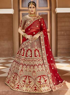 Mesmerizing Red Heavy Hand Work & Embroidered Velvet wedding Lehenga choli 1